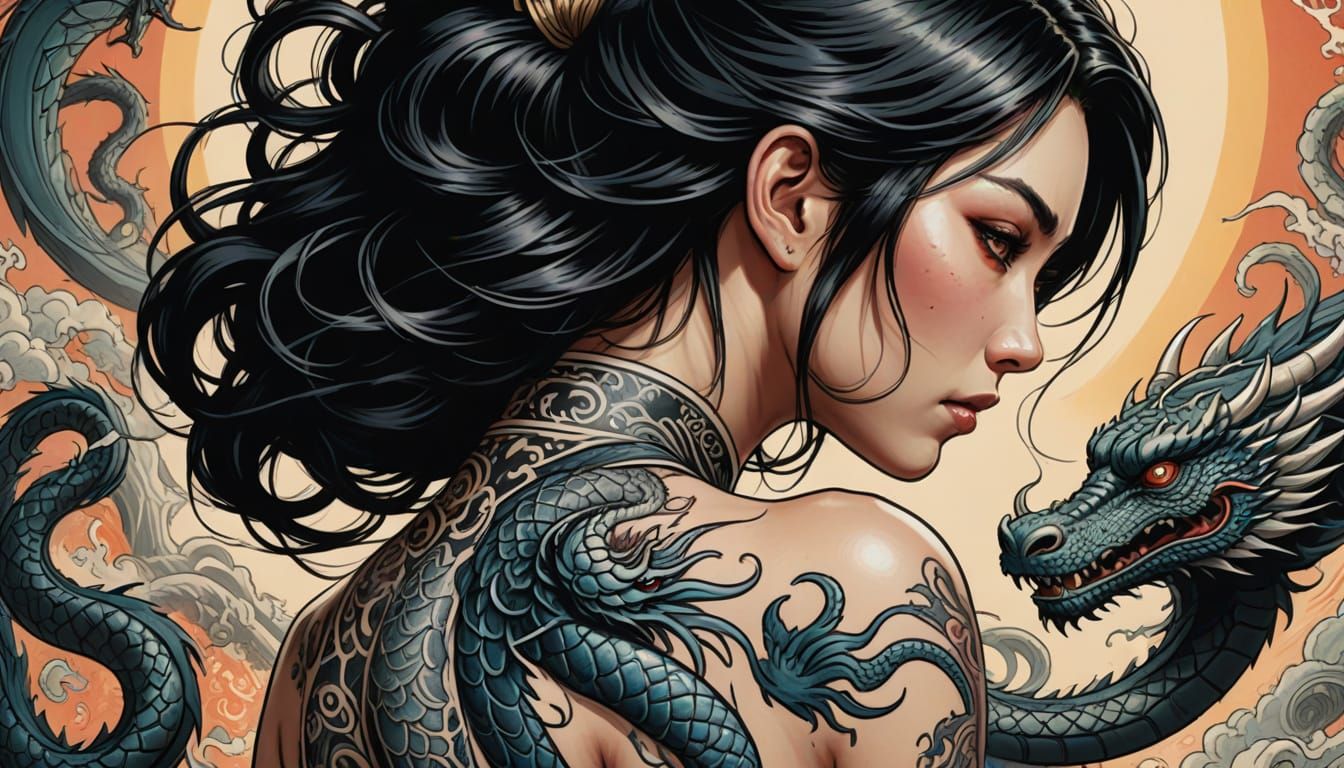 Japanese Woman with Dragon Tattoo in Comic Book Style