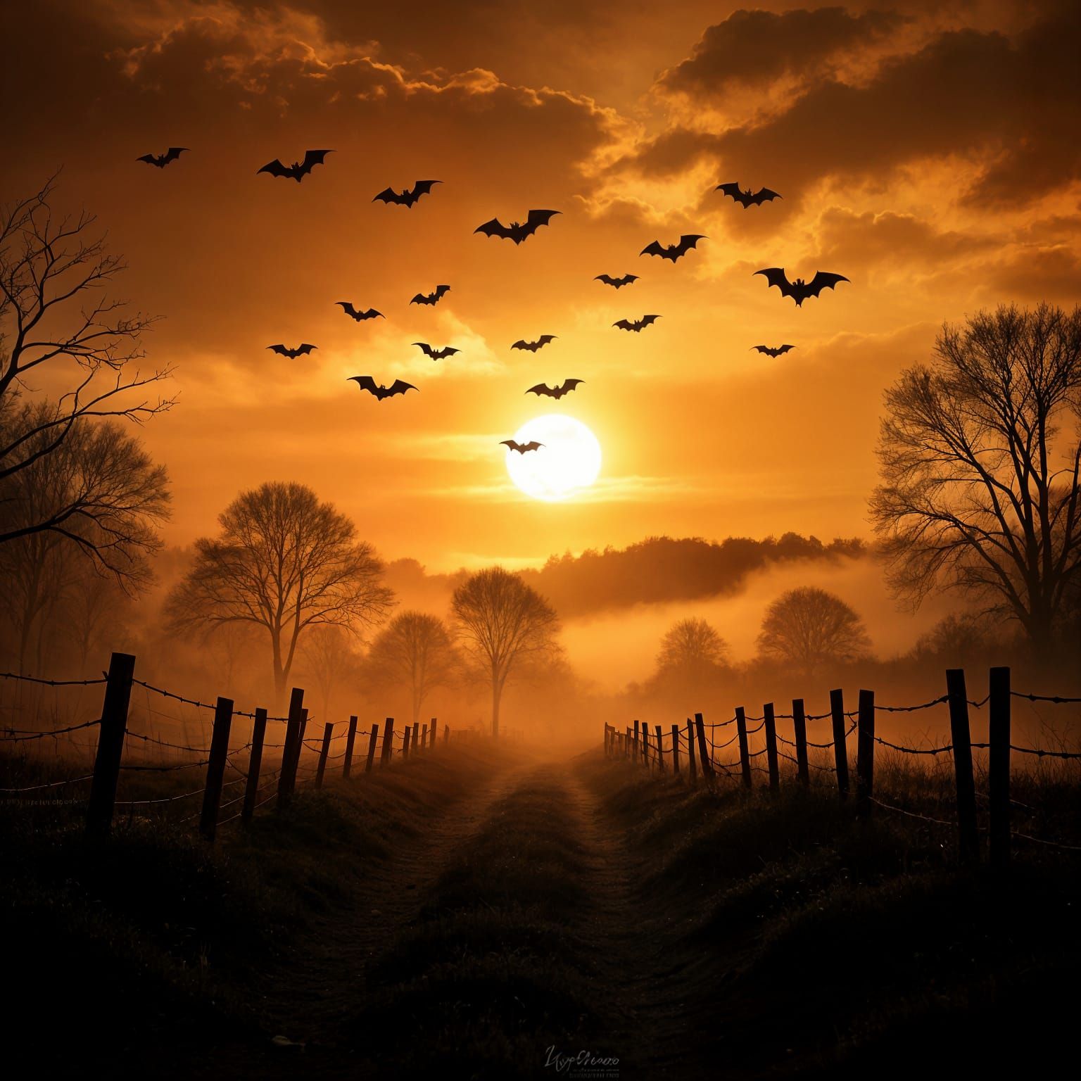Eerie Horror Sunset with Bats and Moonlight