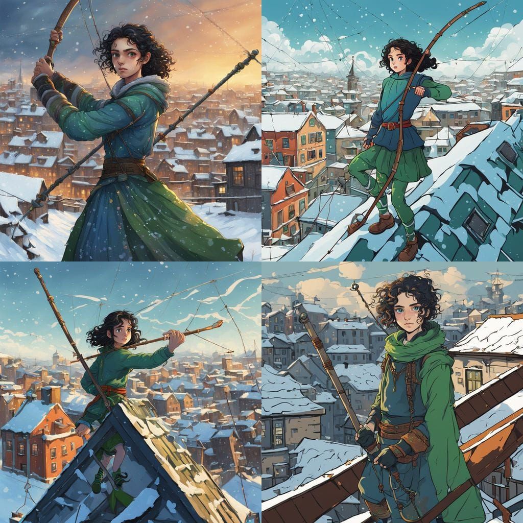 Acrobatic Girl with Quarterstaff in Snowy Port City