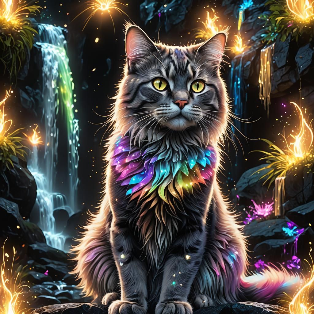 Magical Cat with Rainbow Glow and Waterfall