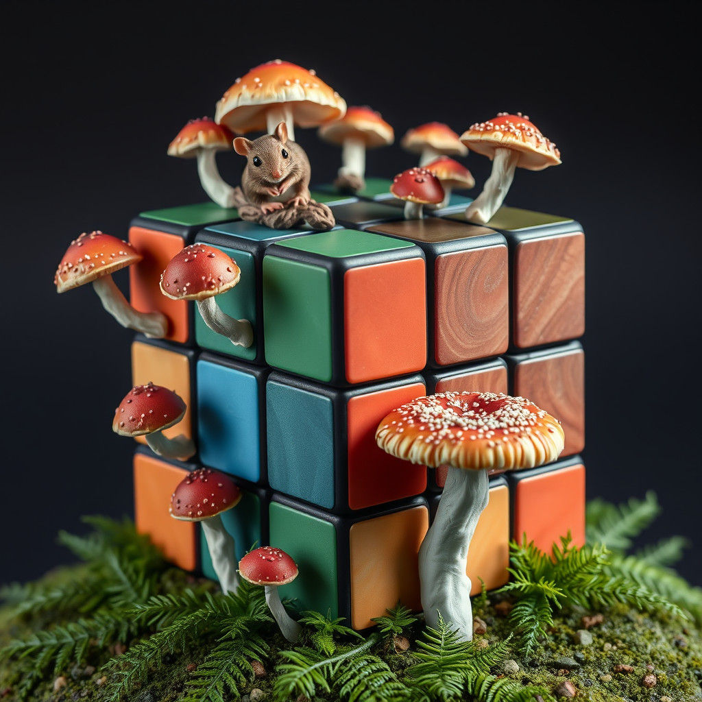 Surreal Mushroom Rubik's Cube with Mouse, 3D Hyperreal