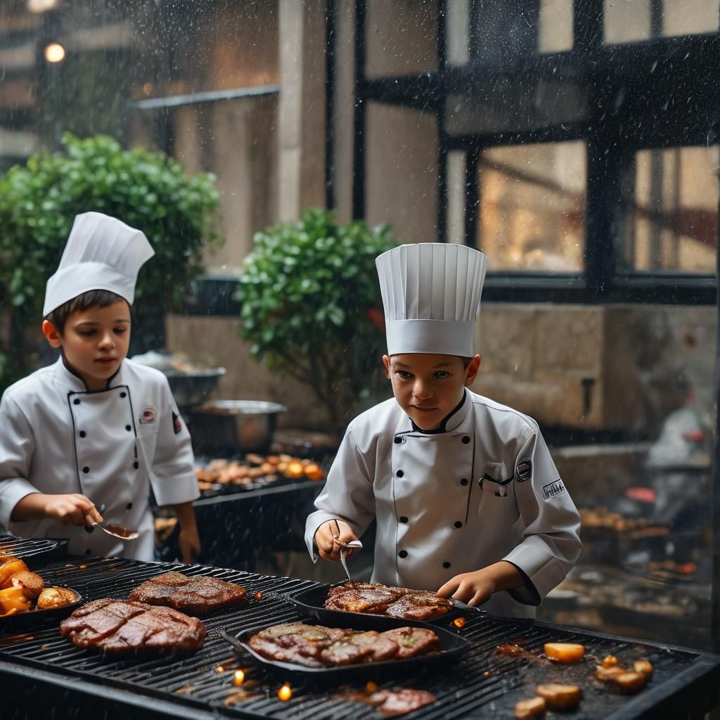 Chef Grilling Steaks for Hungry Children: Conceptual Portrai...