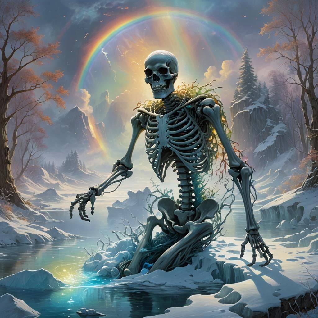 Bioluminescent Skeleton Emerges in Fantasy Horror Scene