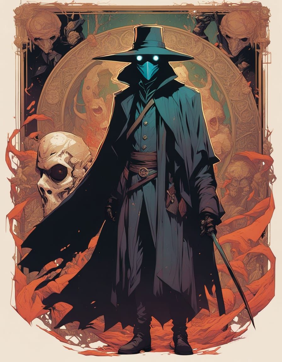 Ethereal Plague Doctor in Dark Catacombs Art