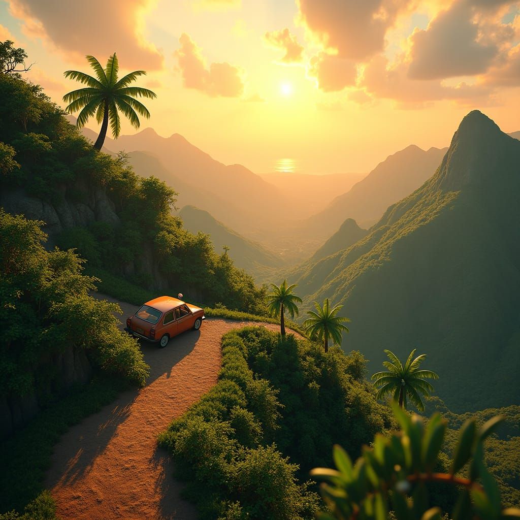Madeiran Hills Sunset Vista with Car in Matte Painting