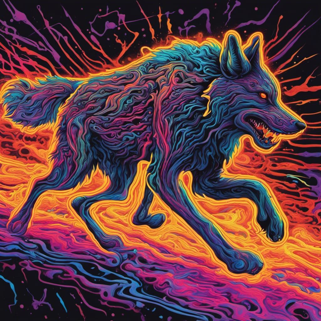 Psychedelic Wolf Chasing Rabbit in Noir Neon Style