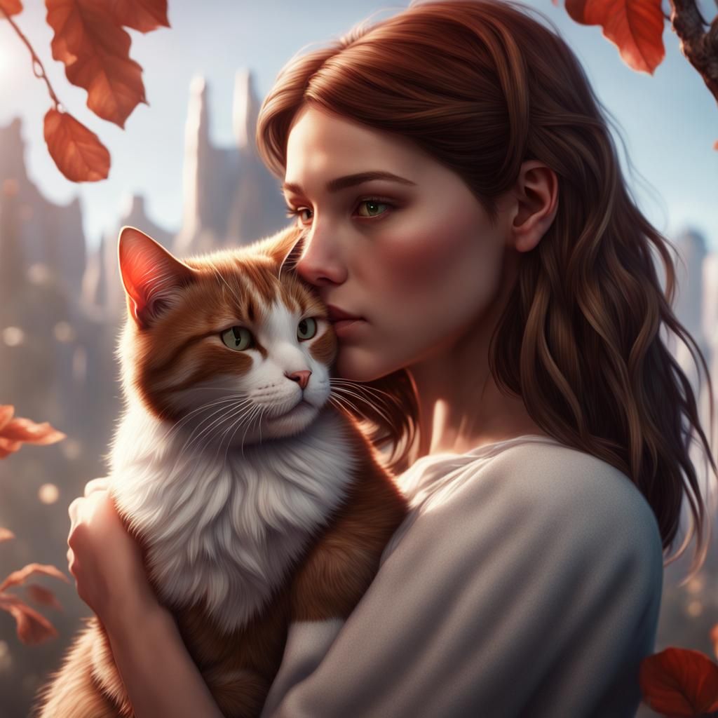 Girl Cuddles Cat: Detailed Matte Painting