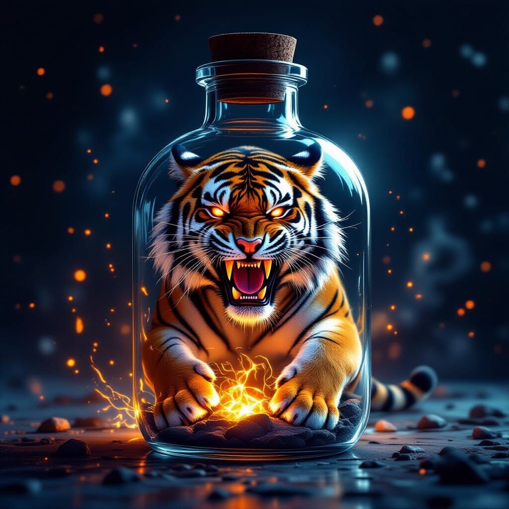 Ferocious Tiger Roaring Inside Glass Bottle in Digital Matte...