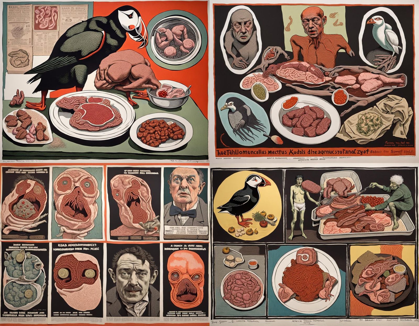 Disturbing Puffin Creature as 1970s Horror Linoprint