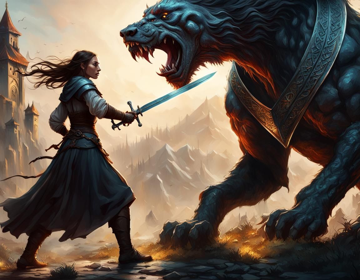 Peasant Woman Defends Kingdom in Dark Fantasy Art
