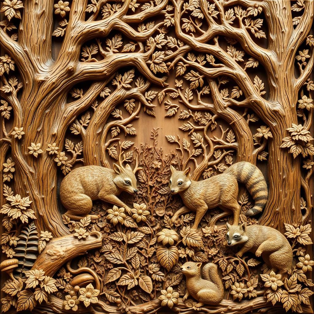 Wood Relief Forest Scene in Folk Art Style