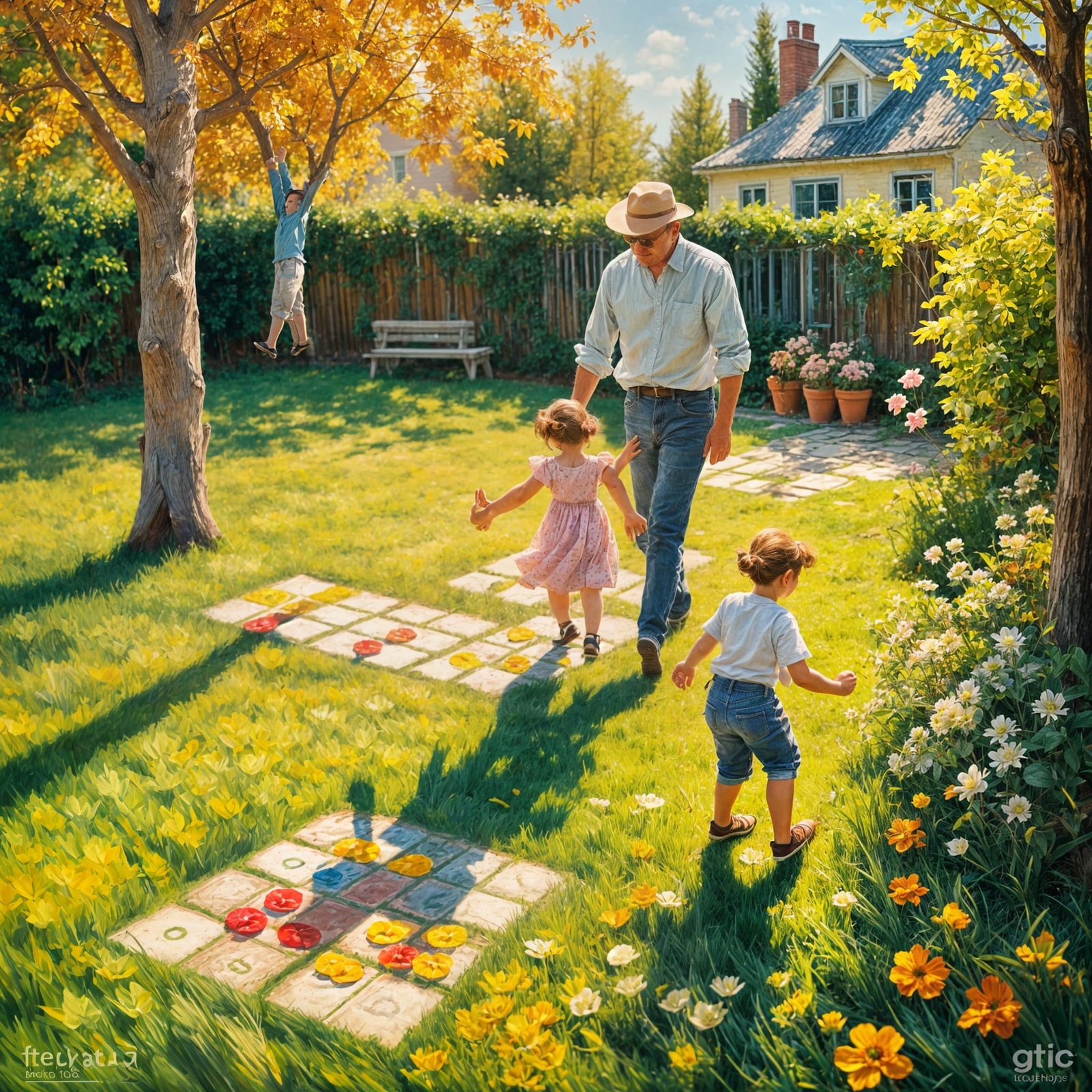 Father and Kids Play Hopscotch Together