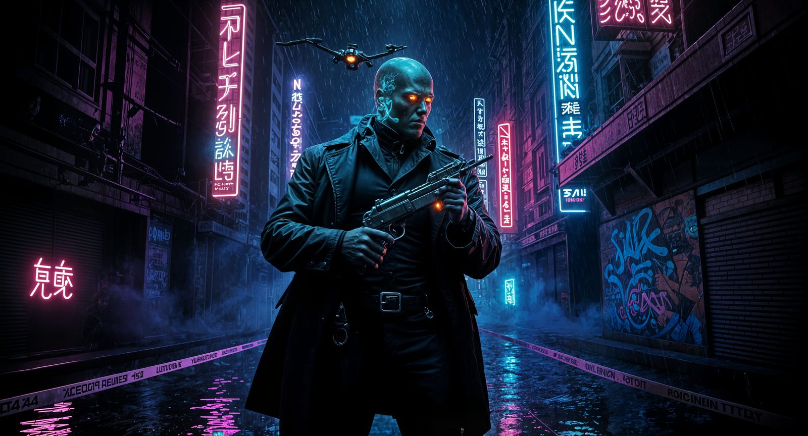 Cyberpunk Detective in Neon Alley, Futuristic Revolver