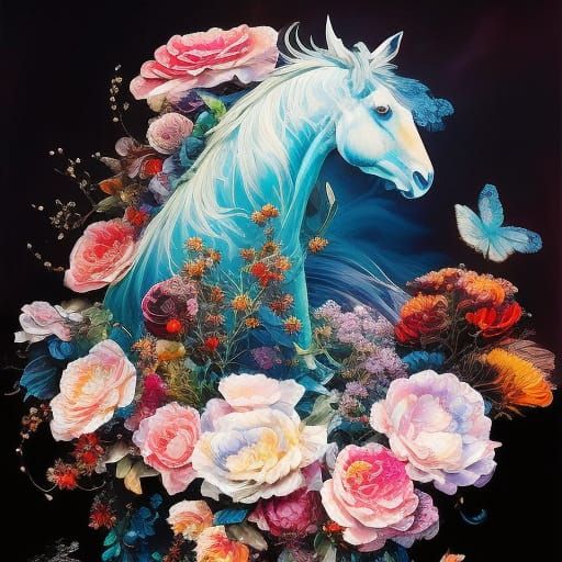 Moonlit Horse Surrounded by Roses: Gouache Illustration
