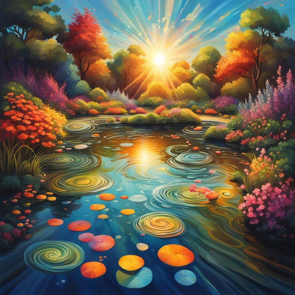 Enchanting Pond Reflects Sunlight in Splash Art Style