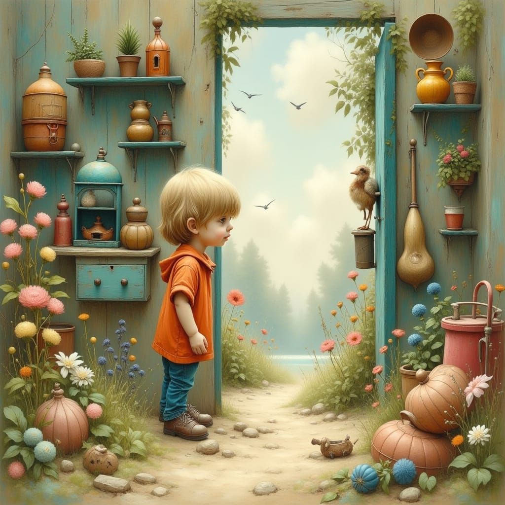 Kidcore Scene with Liminal Doorway, Watercolor Style