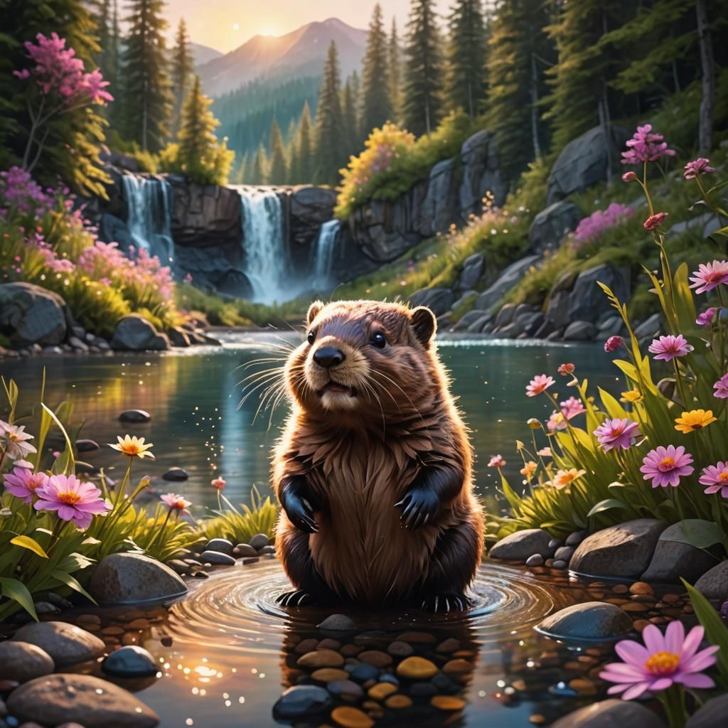 Enchanted Beaver Cub's Lakeside Adventure in Fantasy Style