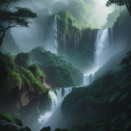 Majestic Waterfalls in Lush Jungle Ravine - Hyper-Realistic ...
