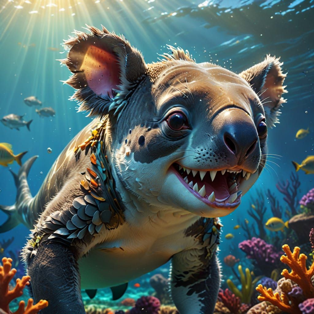 Koala Shark Hybrid in Coral Reef: Digital Painting