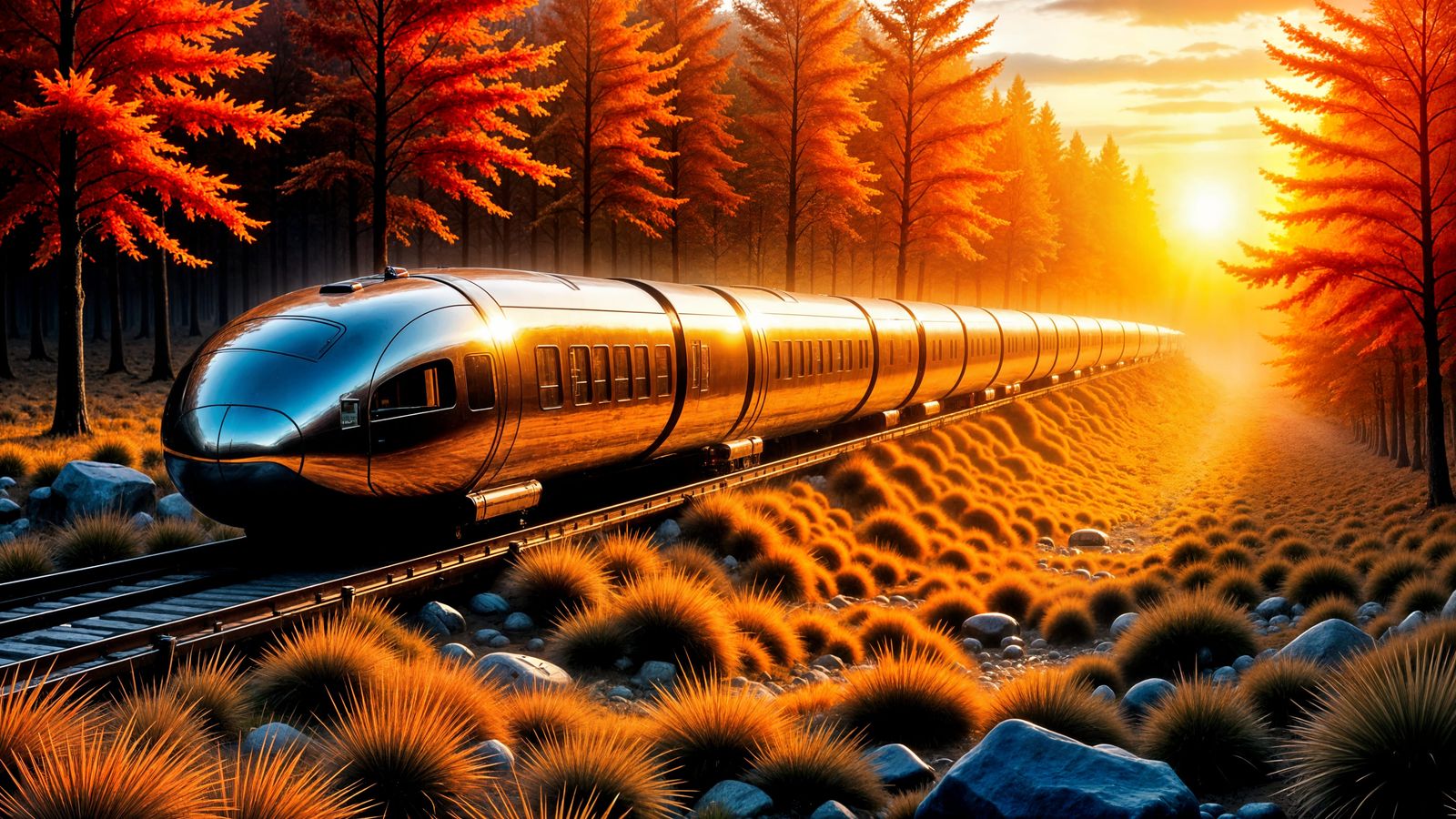 Futuristic Train Glides Through Autumn Forest