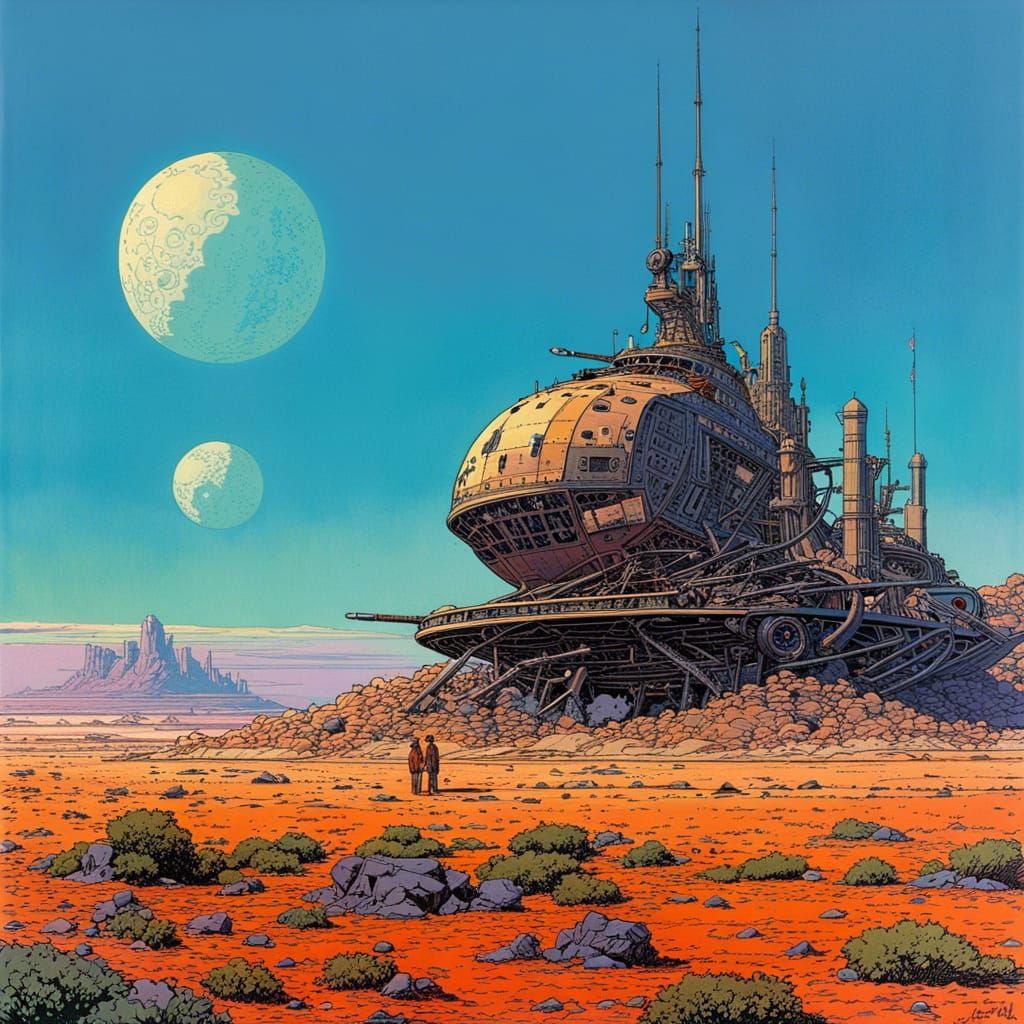 Wasteland Starship: Moebius Inspired Sci-Fi Art