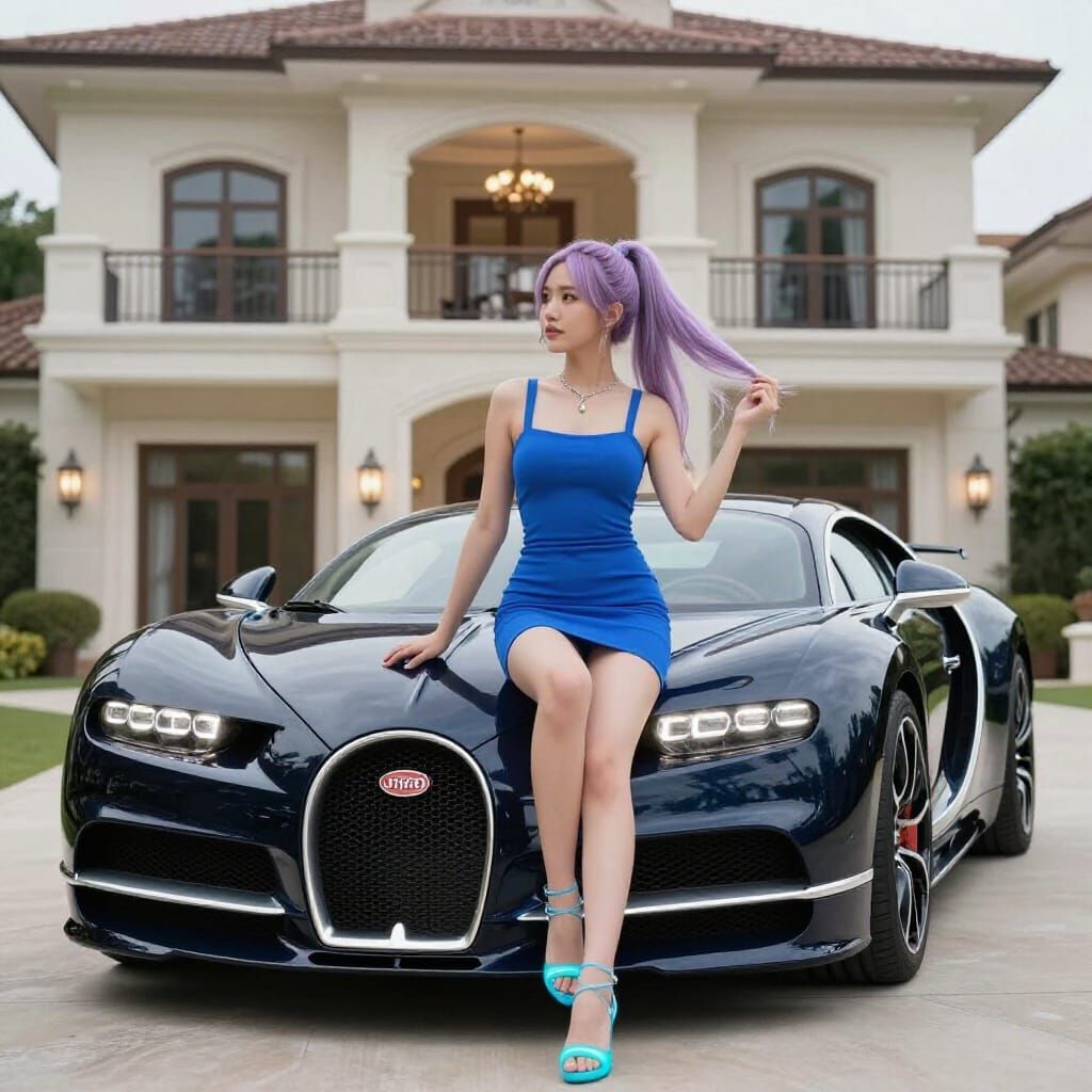 Woman in Blue Mini Dress Sits on Bugatti