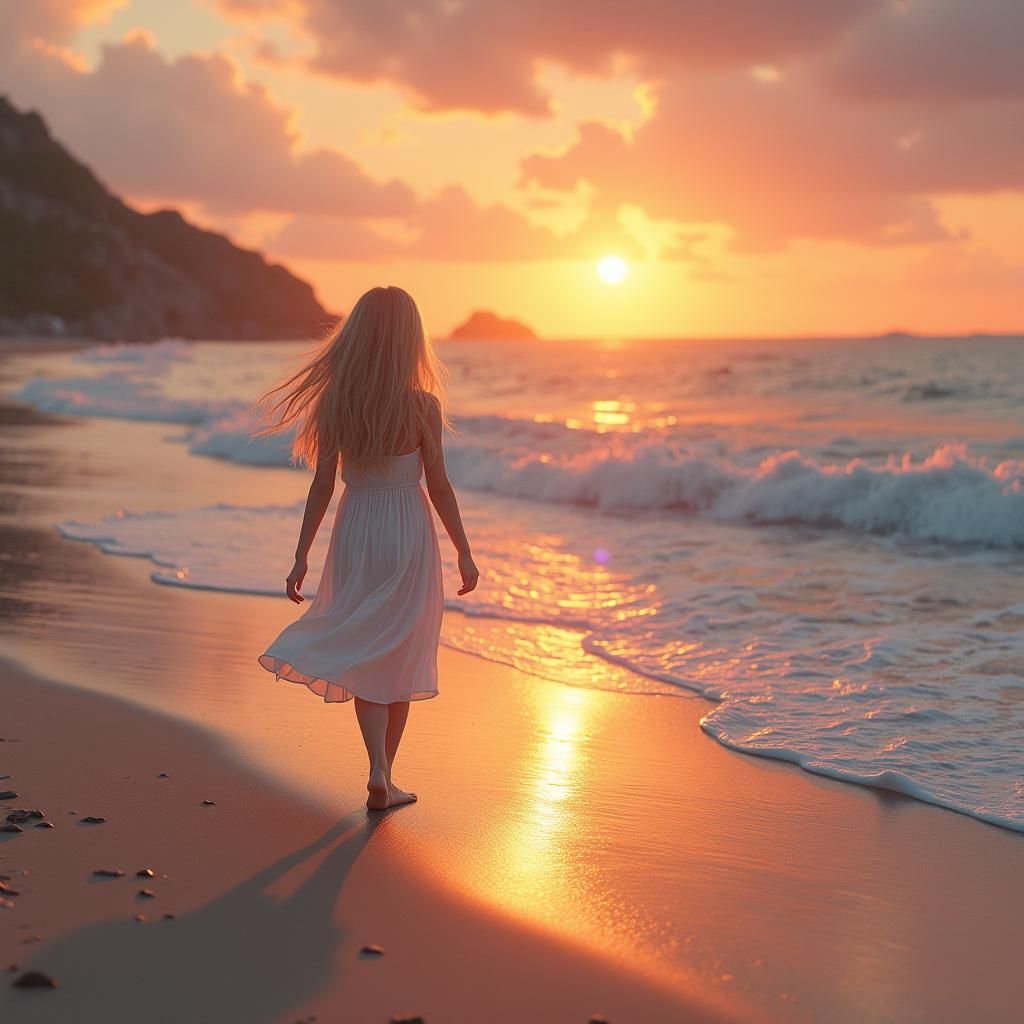 Golden Haired Girl at Sunset: Dreamlike Matte Painting