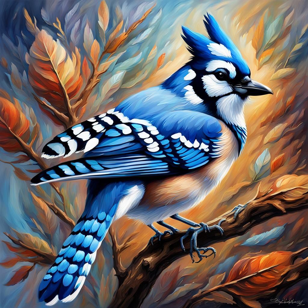 Blue Jay Oil Painting with Intricate Details