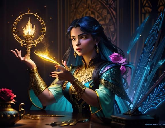 Mystical Woman with Roses and Neon Accents