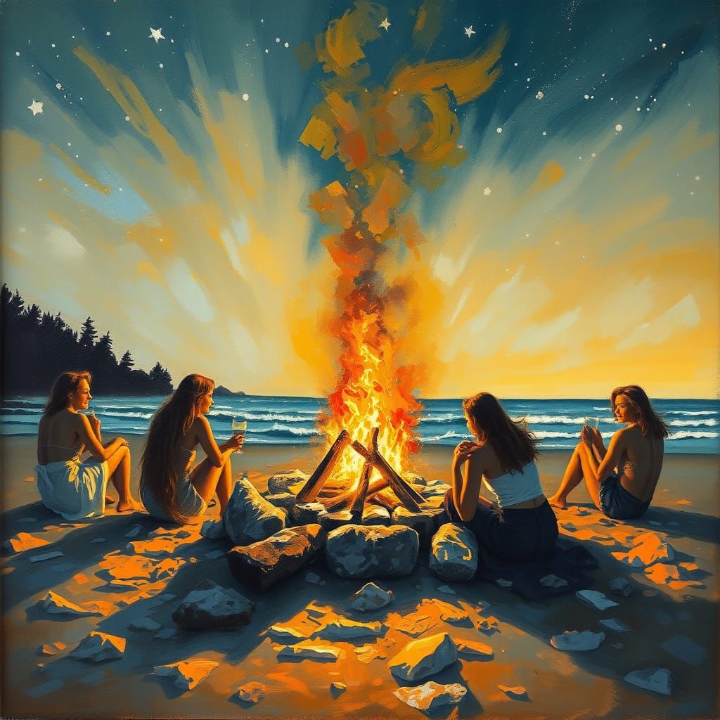 Bonfire on Beach Under Starry Sky as Impasto Painting