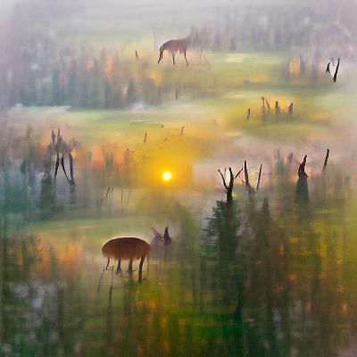 Deer in Foggy Meadow at Sunrise