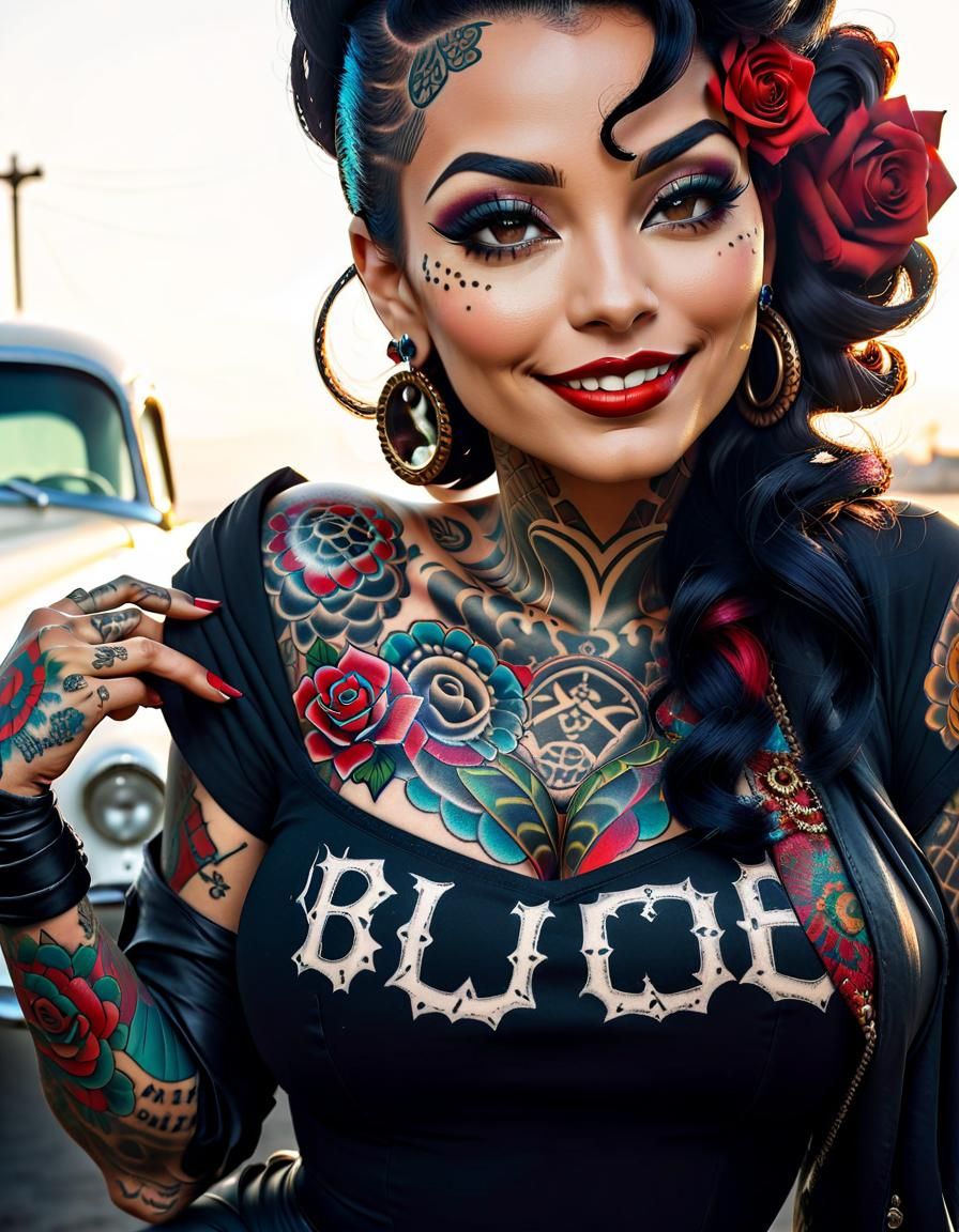 Latina Pinup with Intricate Full-Body Tattoo