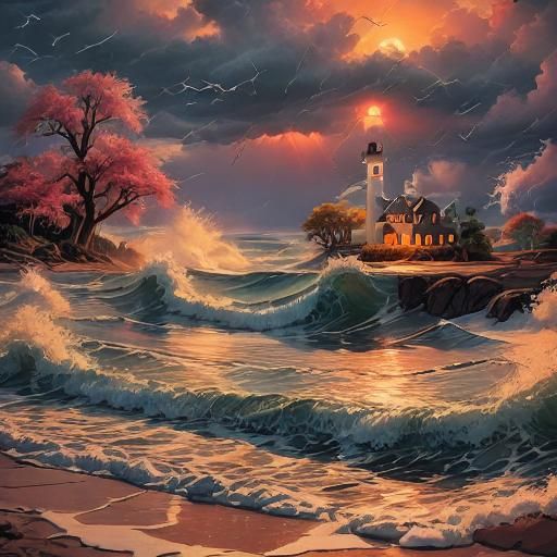 Pink Sunset Beach with Lounge Chairs, Professional Photograp...