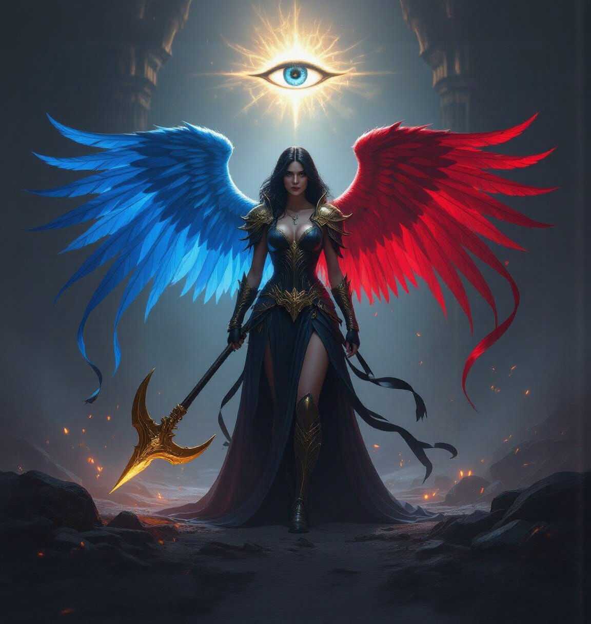 Fallen Angelic Warrior Nullya in Dramatic Chiaroscuro