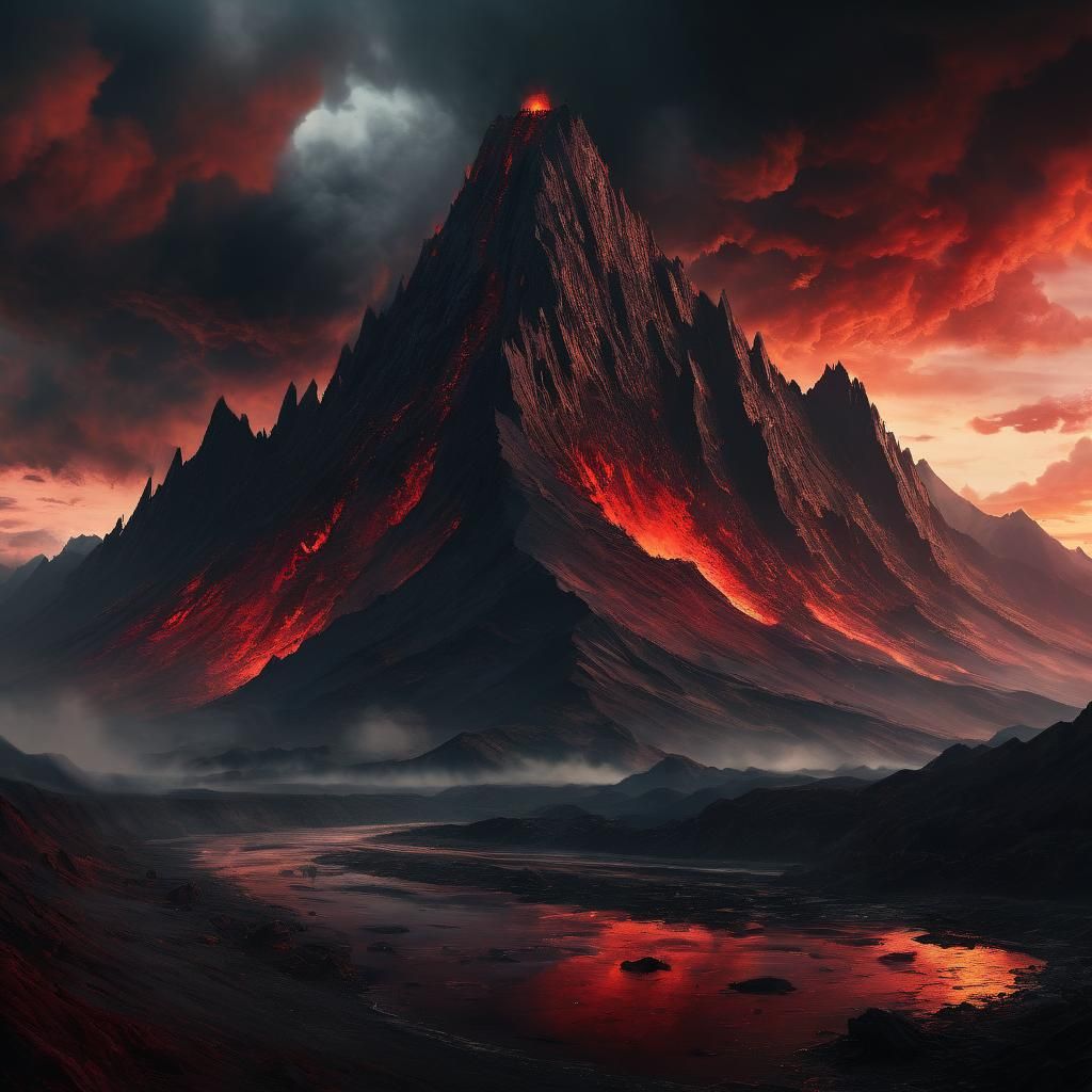 Colossal Obsidian Mountain in a Blood-Red Haze
