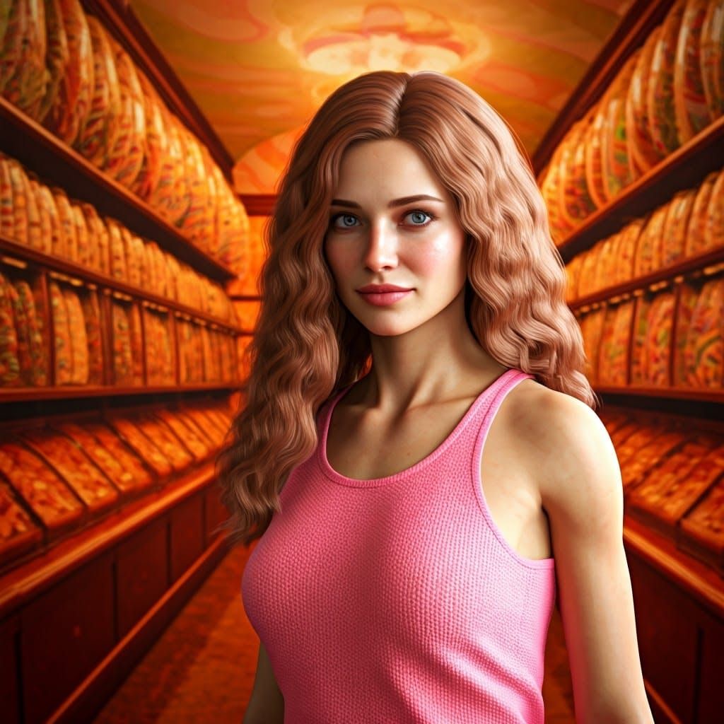 Slender Woman in Candy Store: Hyperrealistic Digital Art