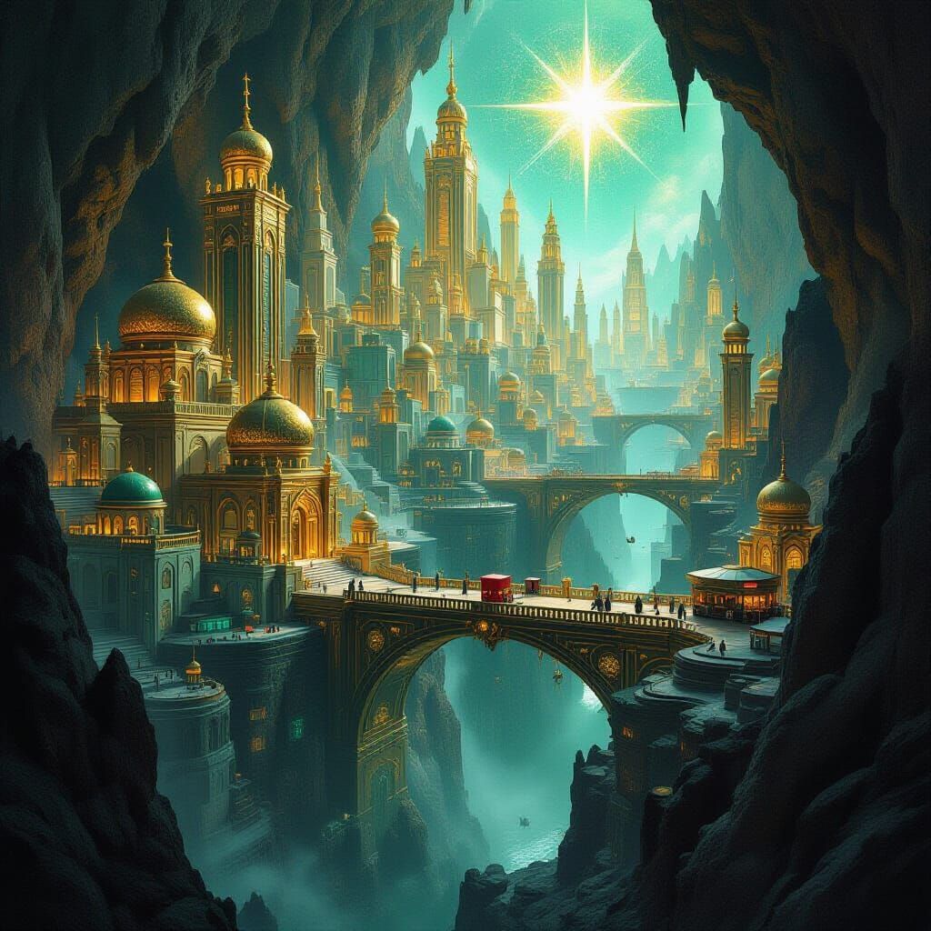 Underworld City Labyrinth with Golden Skyscrapers and Gothic...