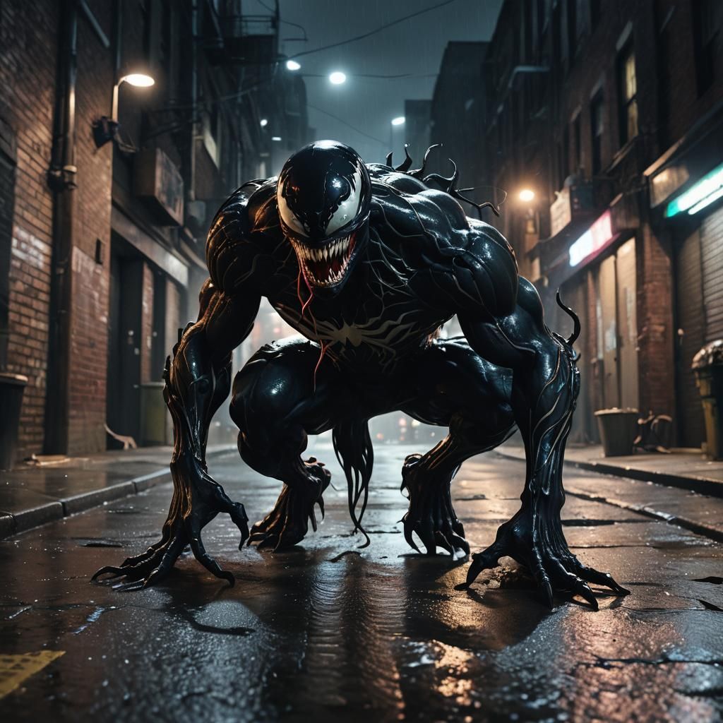 Venom in Dark Alley: Hyper-Realistic Cinematic Still