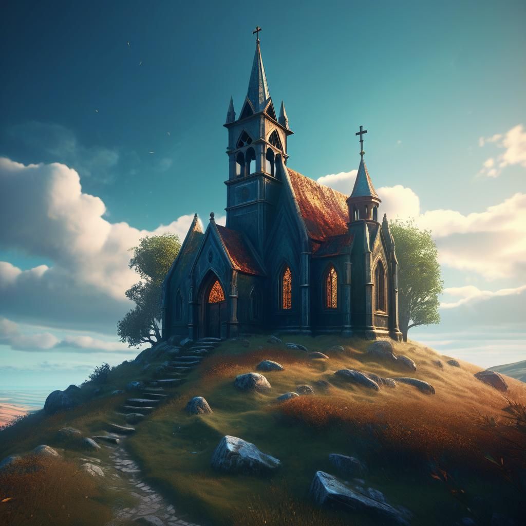 Abandoned Medieval Chapel on a Hill in Matte Painting Style