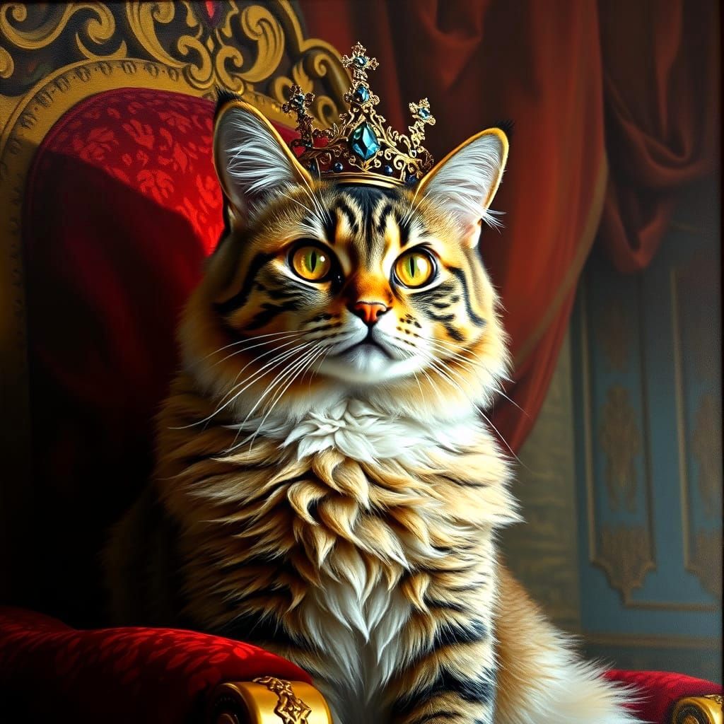 Regal Cat on Throne in Baroque Hall Oil Painting