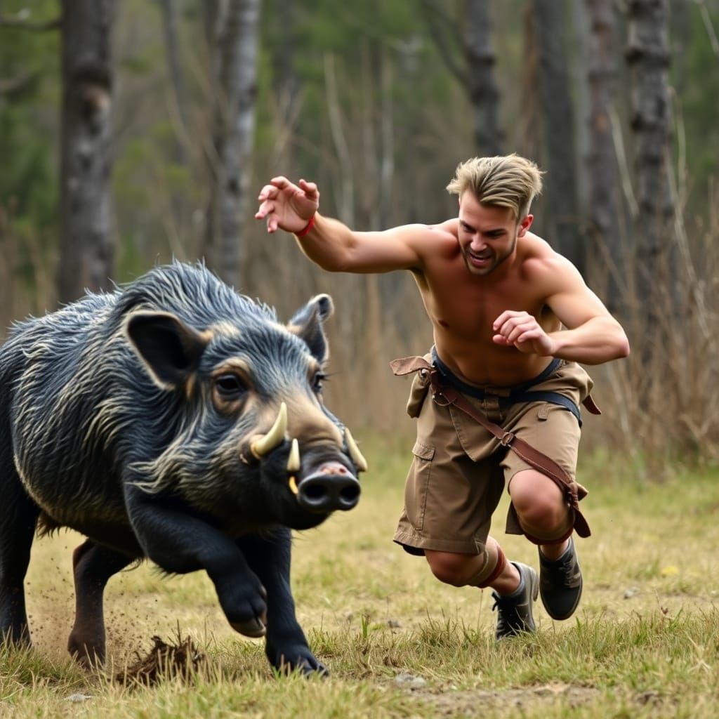 Wild Boar Charges Man: Confrontation in the Wild