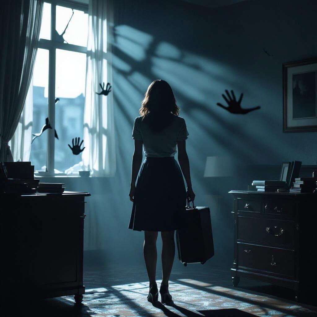 Tense Woman in Moonlit Hotel Room, Dark Horror Style