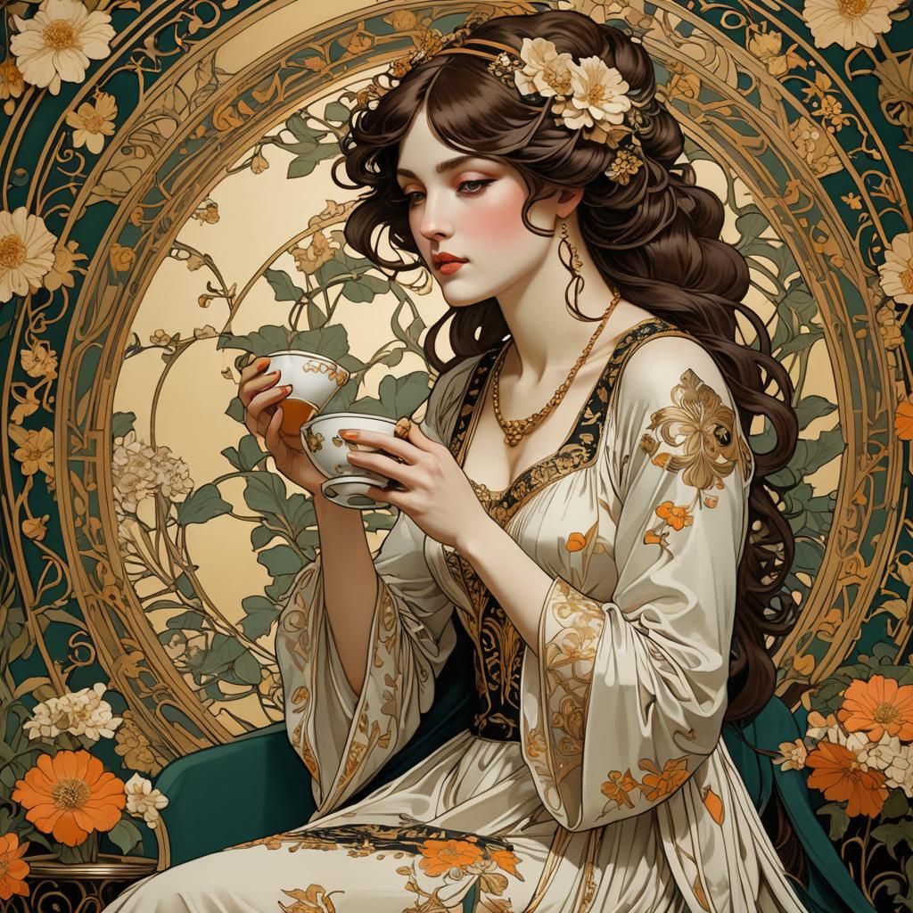 Elegant Woman Sipping Tea in Art Nouveau Style