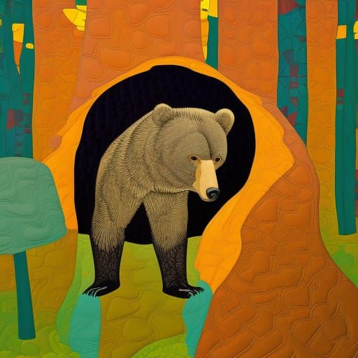 Bear Sleeping in Cave, Colorful 3D Art