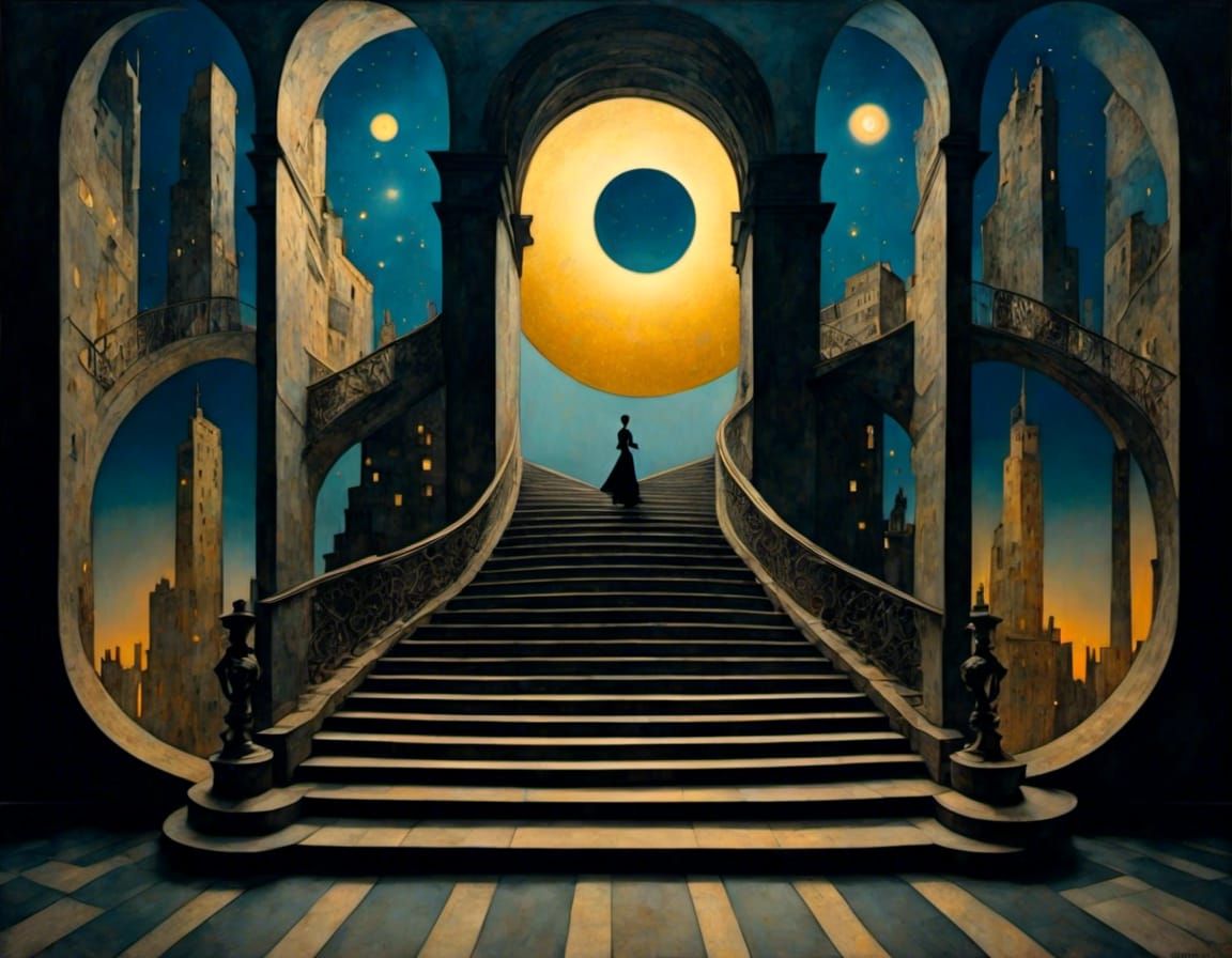 Surreal Stairway to Nowhere in Dystopian Cityscape