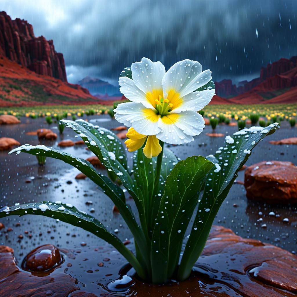 White Primrose Flower In the Rain With Dew Drops dripping off of it.