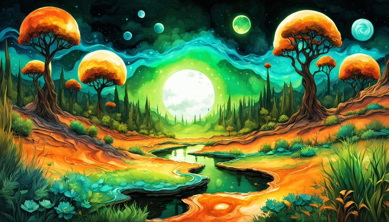 Vibrant Alien Planet with Two Moons in Fluid Art