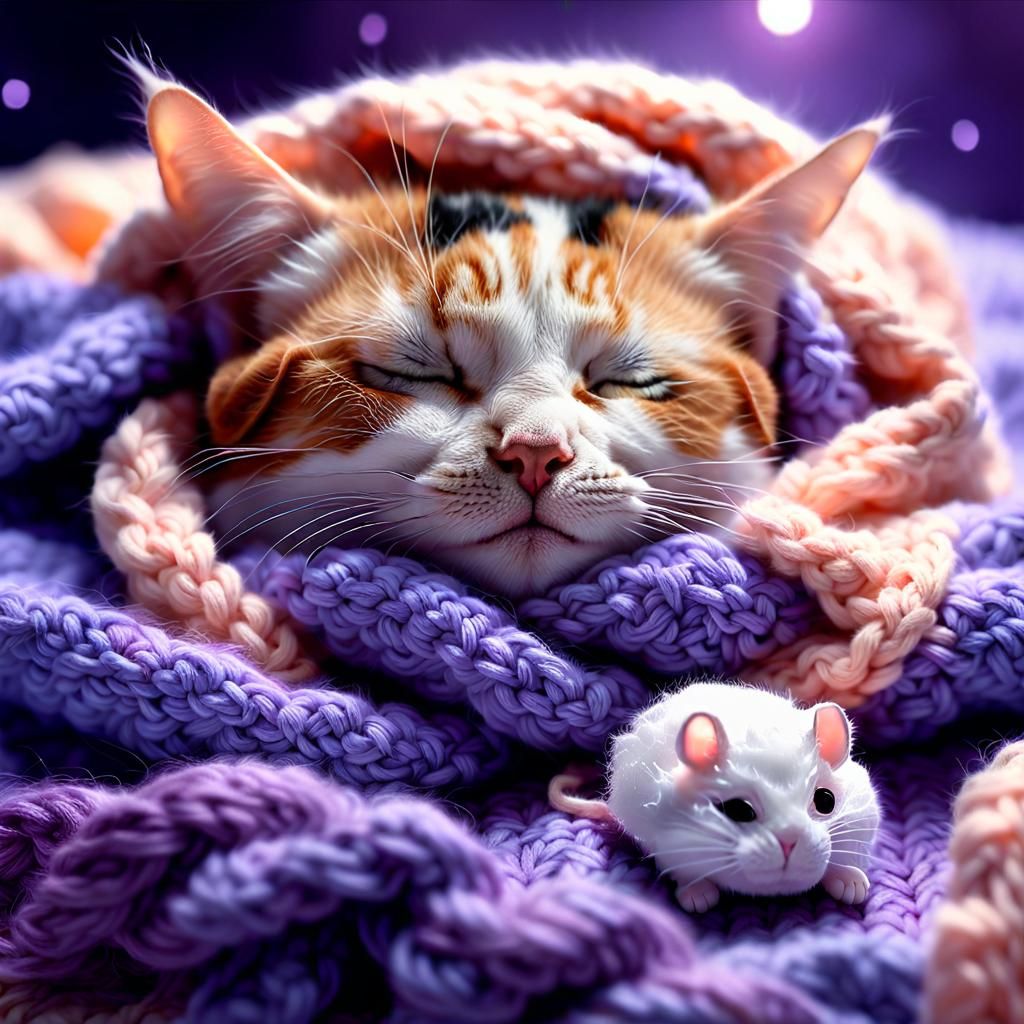 Cat and Mouse Sleeping in Crochet Blanket, Digital Art