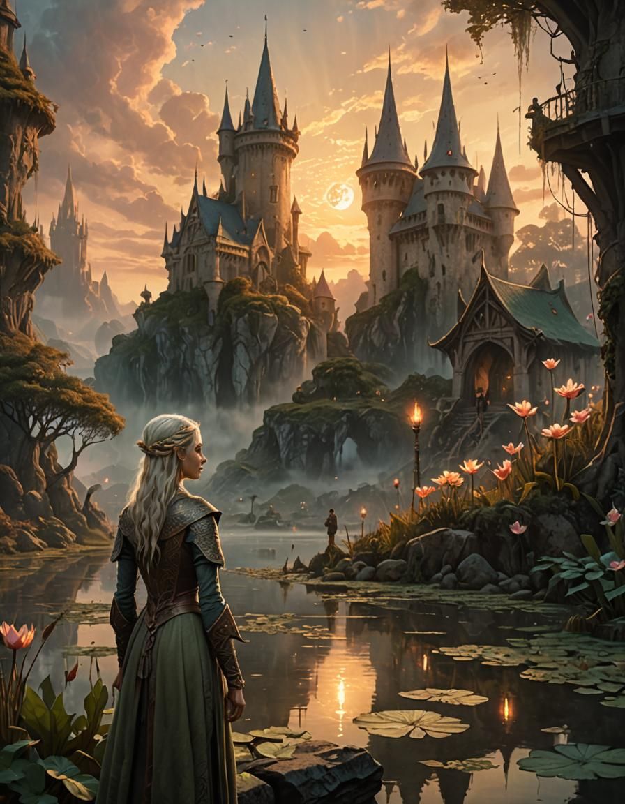 Elven Woman in Fantasy Landscape Illustration