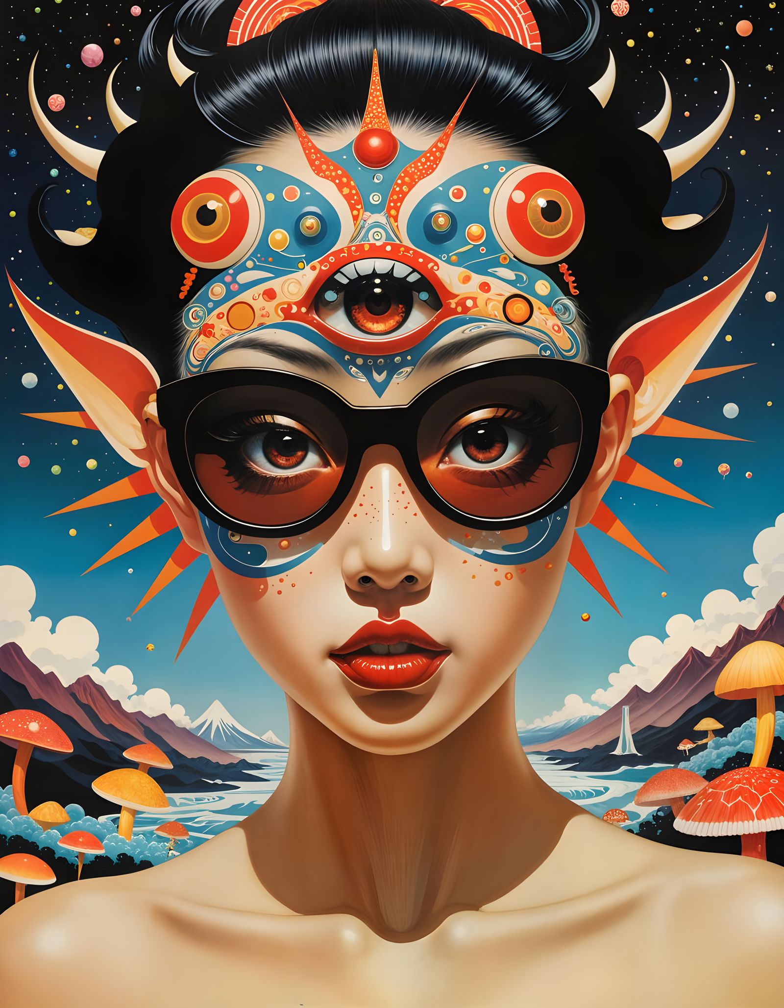 Japanese Pop Surrealism Painting with Multiple Eyes